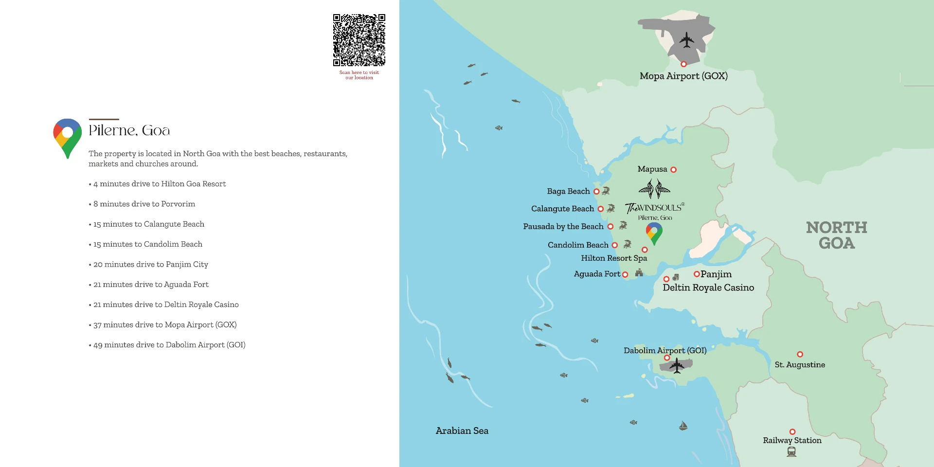The Windsouls Pilerne Goa location map showing drive times to Hilton Goa Resort, beaches and Mopa Airport
