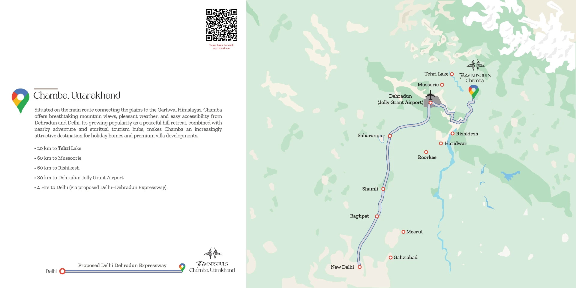 The Windsouls Chamba Uttarakhand location map along the proposed Delhi Dehradun expressway with distances to Tehri Lake, Mussoorie and Rishikesh