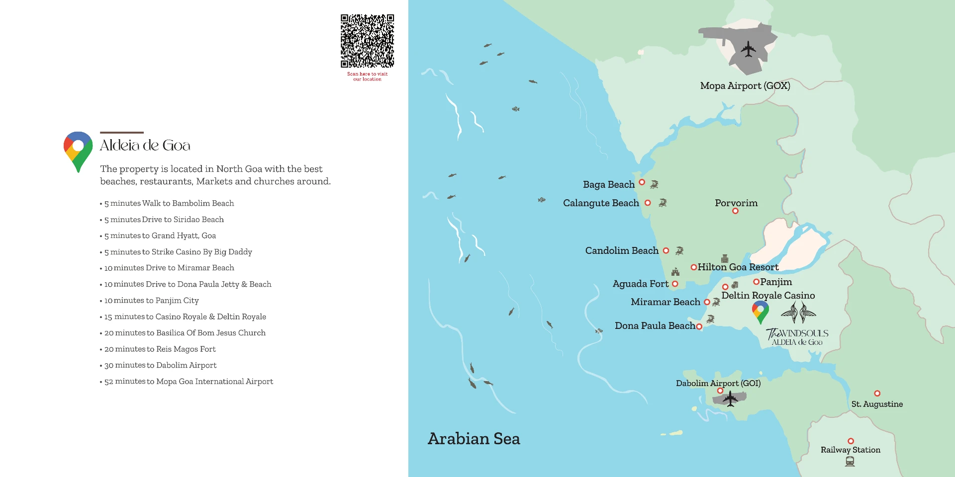 The Windsouls Aldeia de Goa location map showing distances to Miramar, Dona Paula and Bambolim beaches