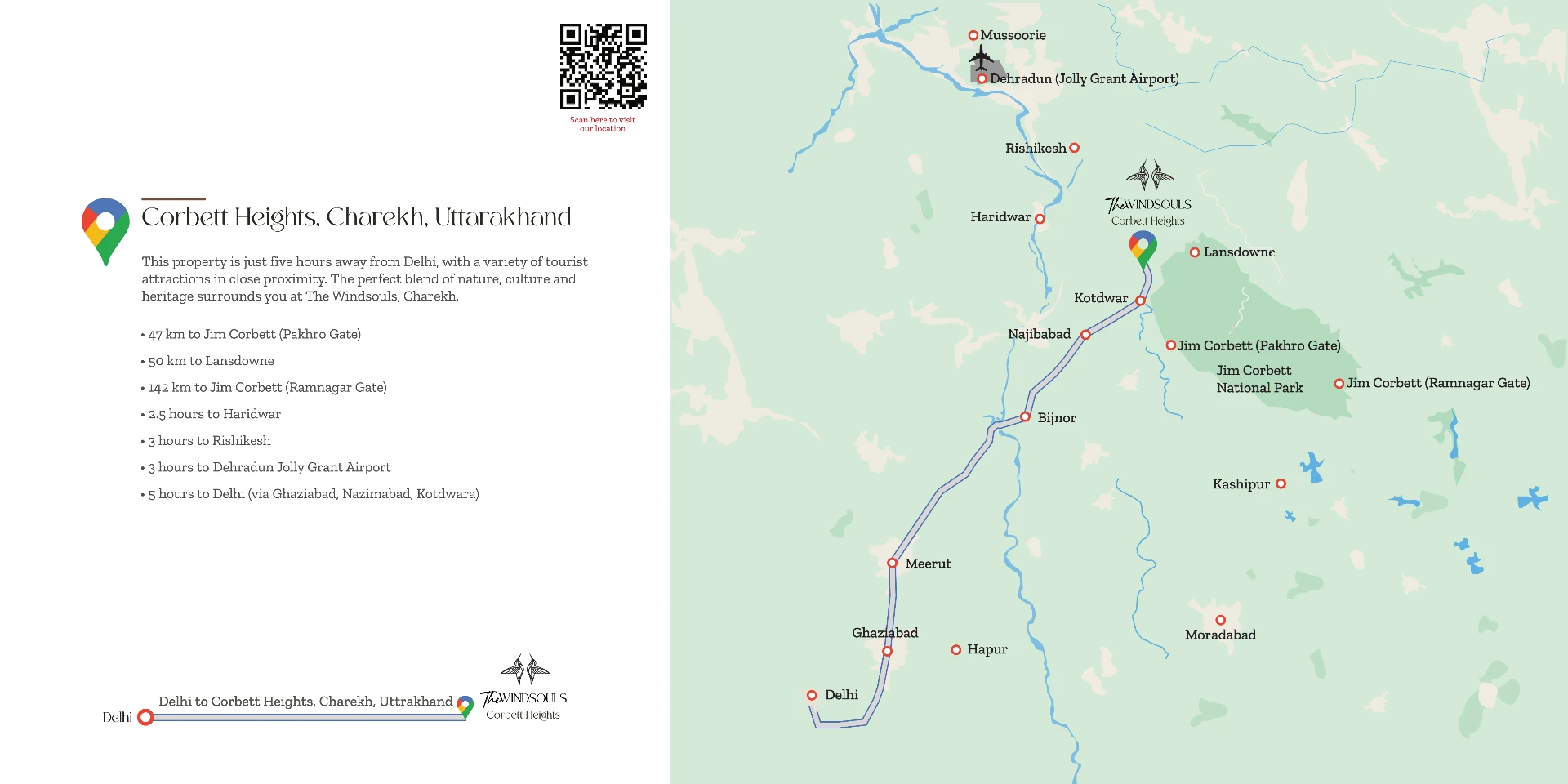 The Windsouls Corbett Heights location map at Charekh showing the route from Delhi to Jim Corbett National Park